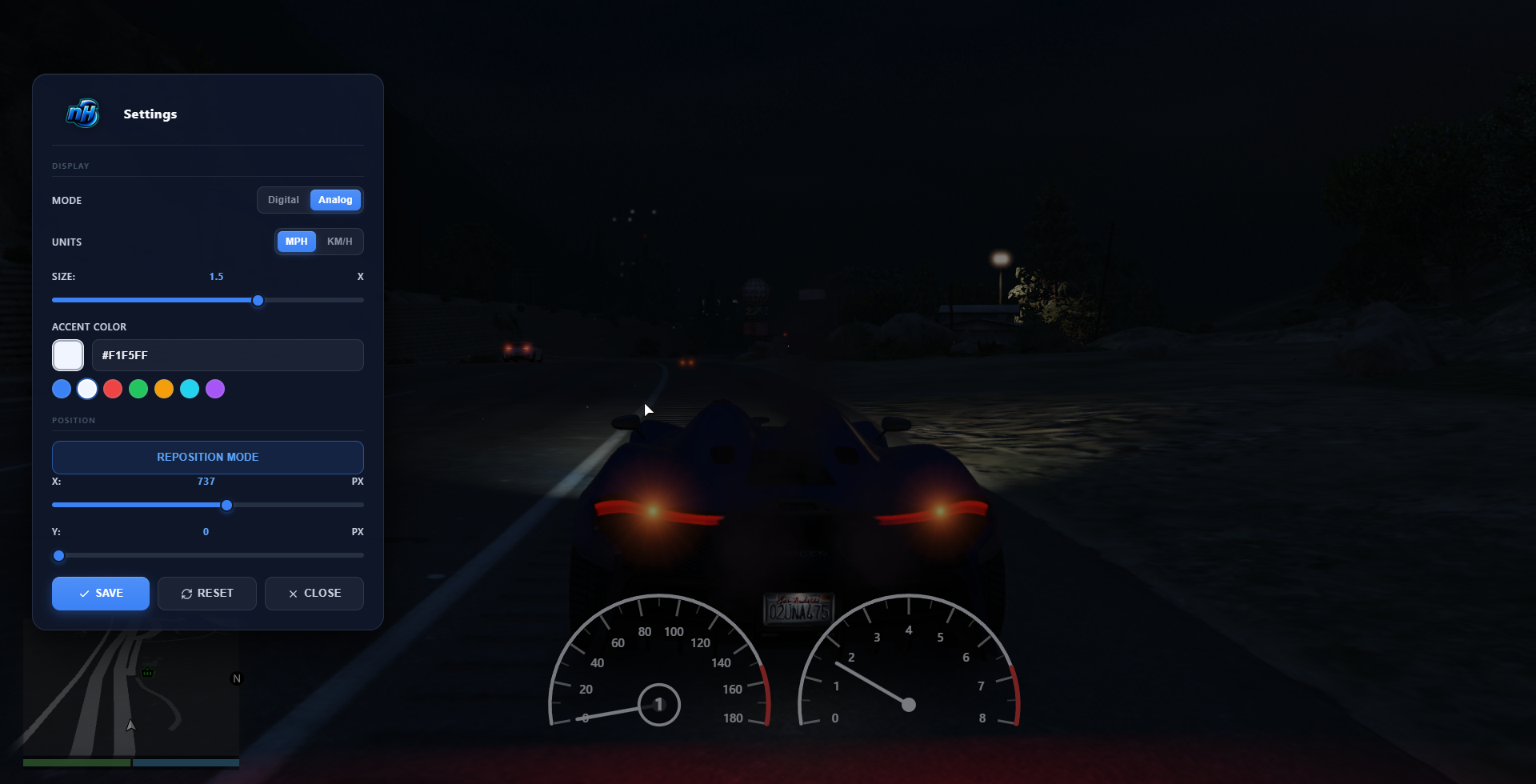 In-game settings panel for nh-speedo showing mode, units, size, accent color, and HUD position controls